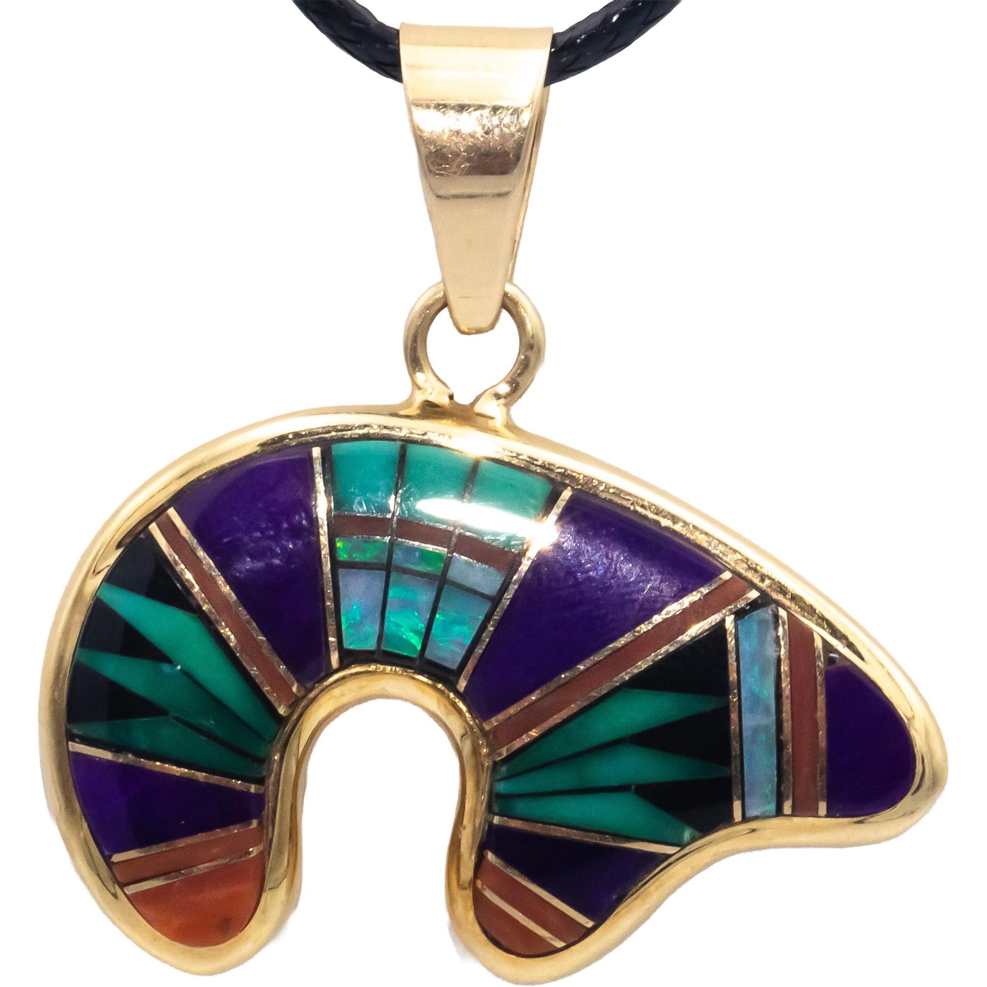 Native American Designer 14k Gold Assorted Gemstone Mosaic Pendant Necklace