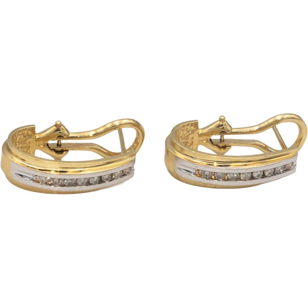 14k Yellow & White Gold 0.25CT Round Cut Diamond Curved Huggie Style Earrings