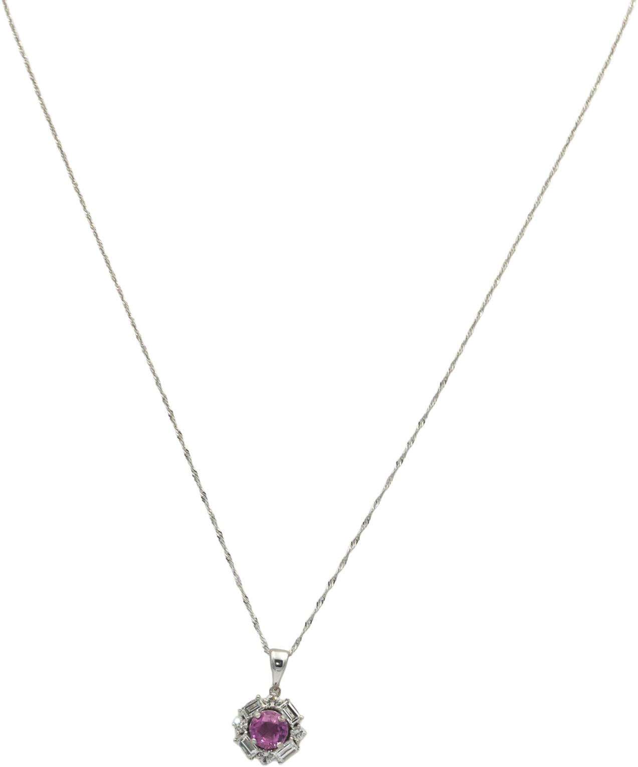 14k White Gold 1.35CT VS Diamond & Pink Sapphire Flower Pendant Necklace