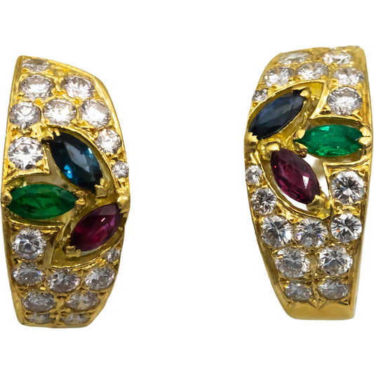 14k Yellow Gold VS Diamond Ruby Emerald Sapphire Curved Earrings 2.75CT