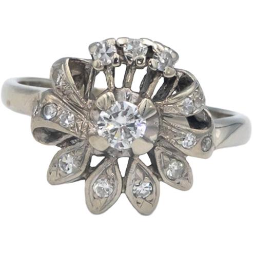Vintage Antique 14k White Gold Diamond Ring 0.63CT w/ 0.23CT Center Size 8.25