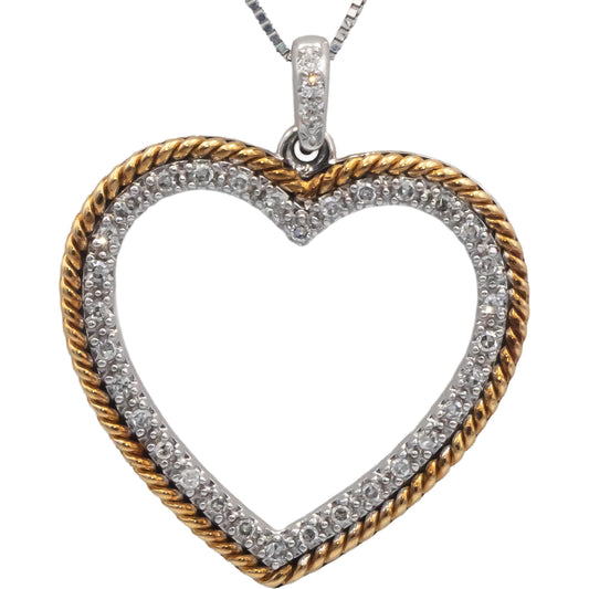 14k White and Yellow Gold 0.15CT Round Cut Diamond Open Heart Pendant Necklace