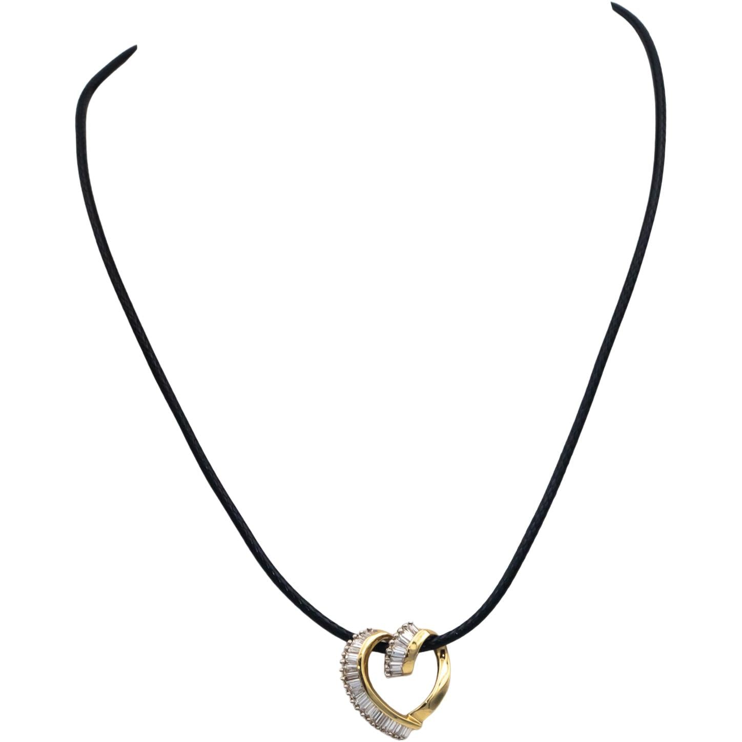 14k Yellow Gold 0.70CT Baguette Cut Diamond Heart Pendant Necklace