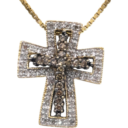 14k Yellow & White Gold 0.45CT Round Cut Diamond Cross Crucifix Pendant Necklace