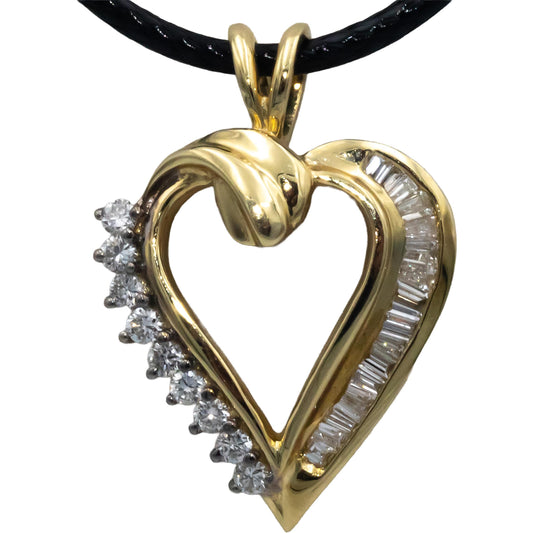 14k Yellow Gold 0.75CT Round & Baguette Cut Diamond Heart Pendant Necklace