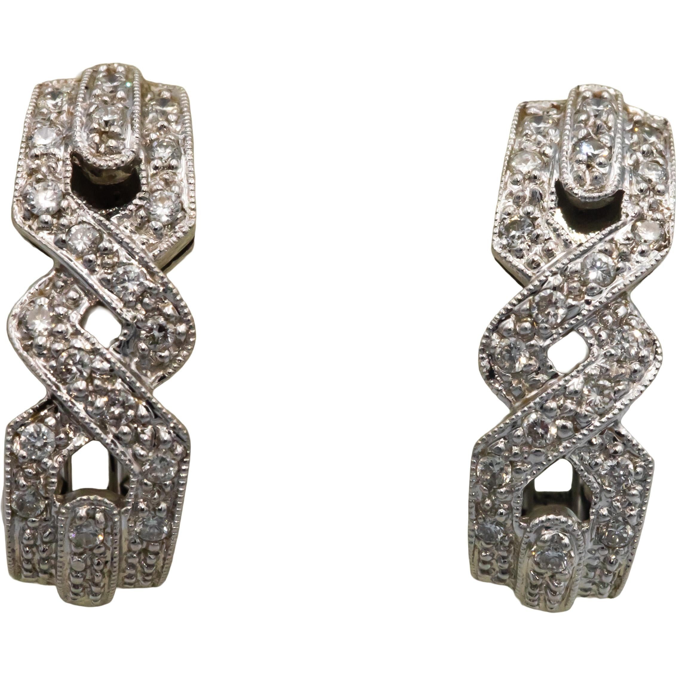 14k White Gold Round Diamond Cluster Curved Earrings 0.40CT