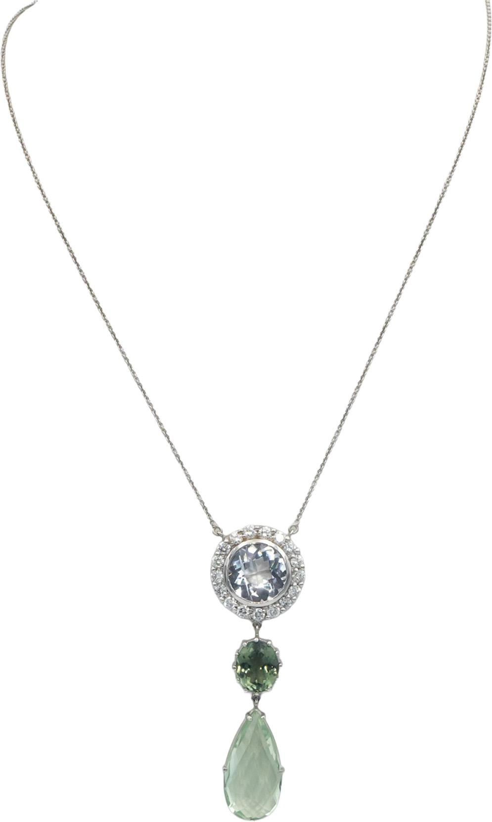 18k Gold Diamond Green Tourmaline Quartz Green Amethyst Pendant Necklace 17.50CT