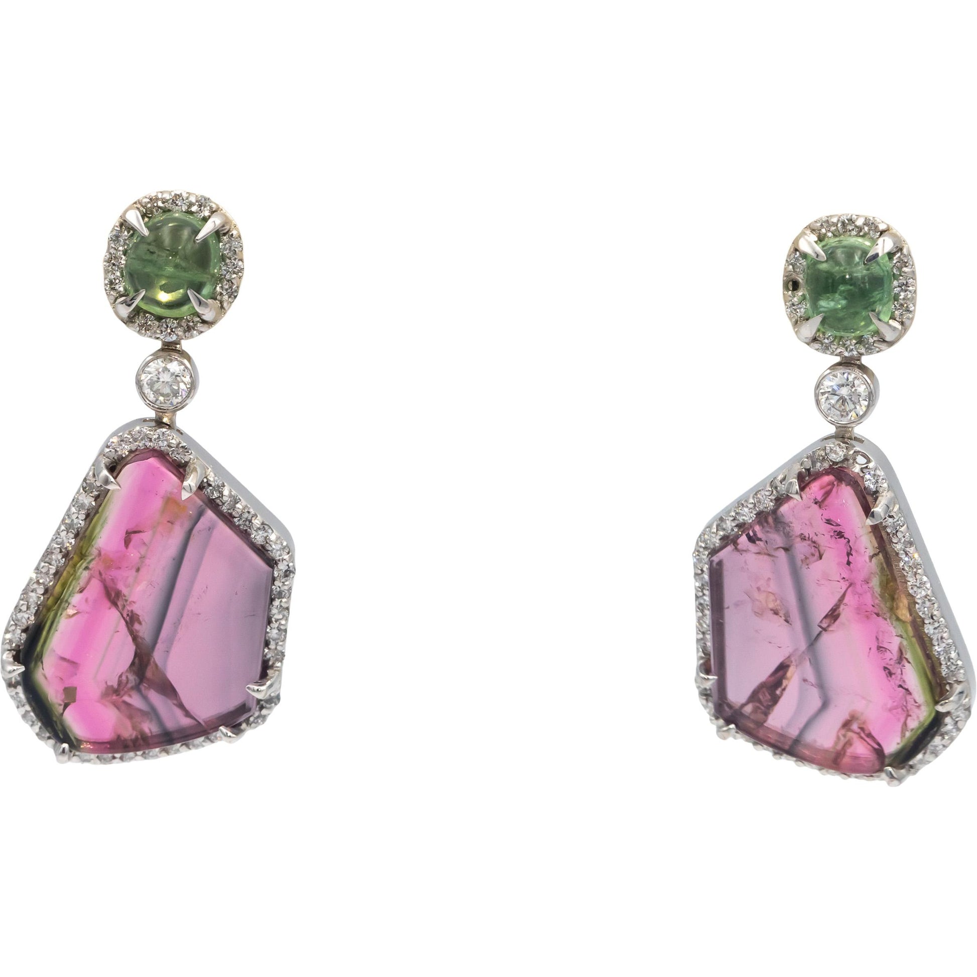 18k White Gold Diamond Green & Pink Tourmaline Dangle Earrings 12.50CT