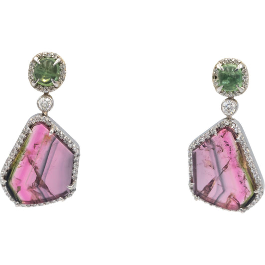 18k White Gold Diamond Green & Pink Tourmaline Dangle Earrings 12.50CT