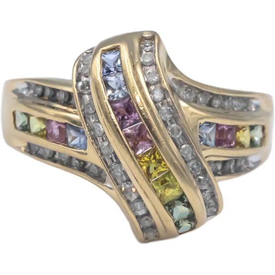 14k Yellow Gold 1.30CT Diamond & Rainbow Sapphire Crossover Ring Size 7.75
