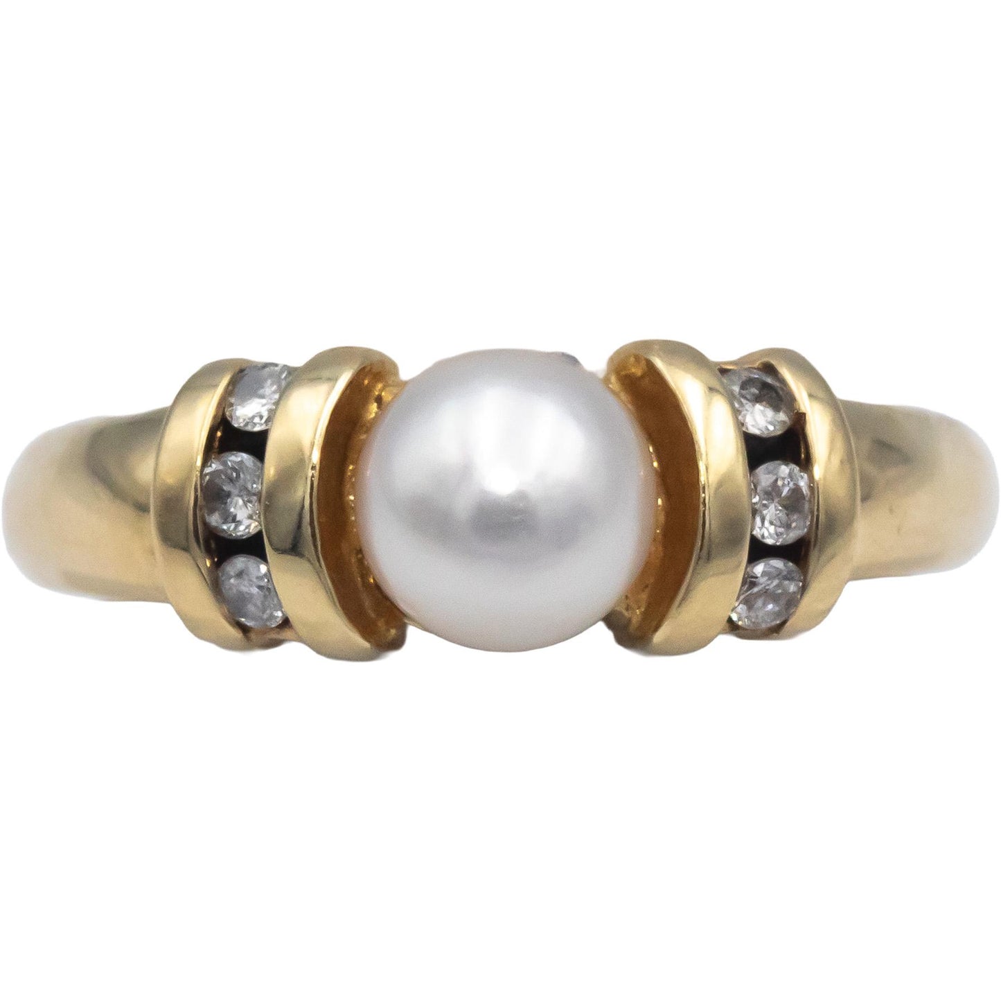 14k Yellow Gold 0.10CT Diamond & 6.4mm Pearl Cocktail Ring Size 7