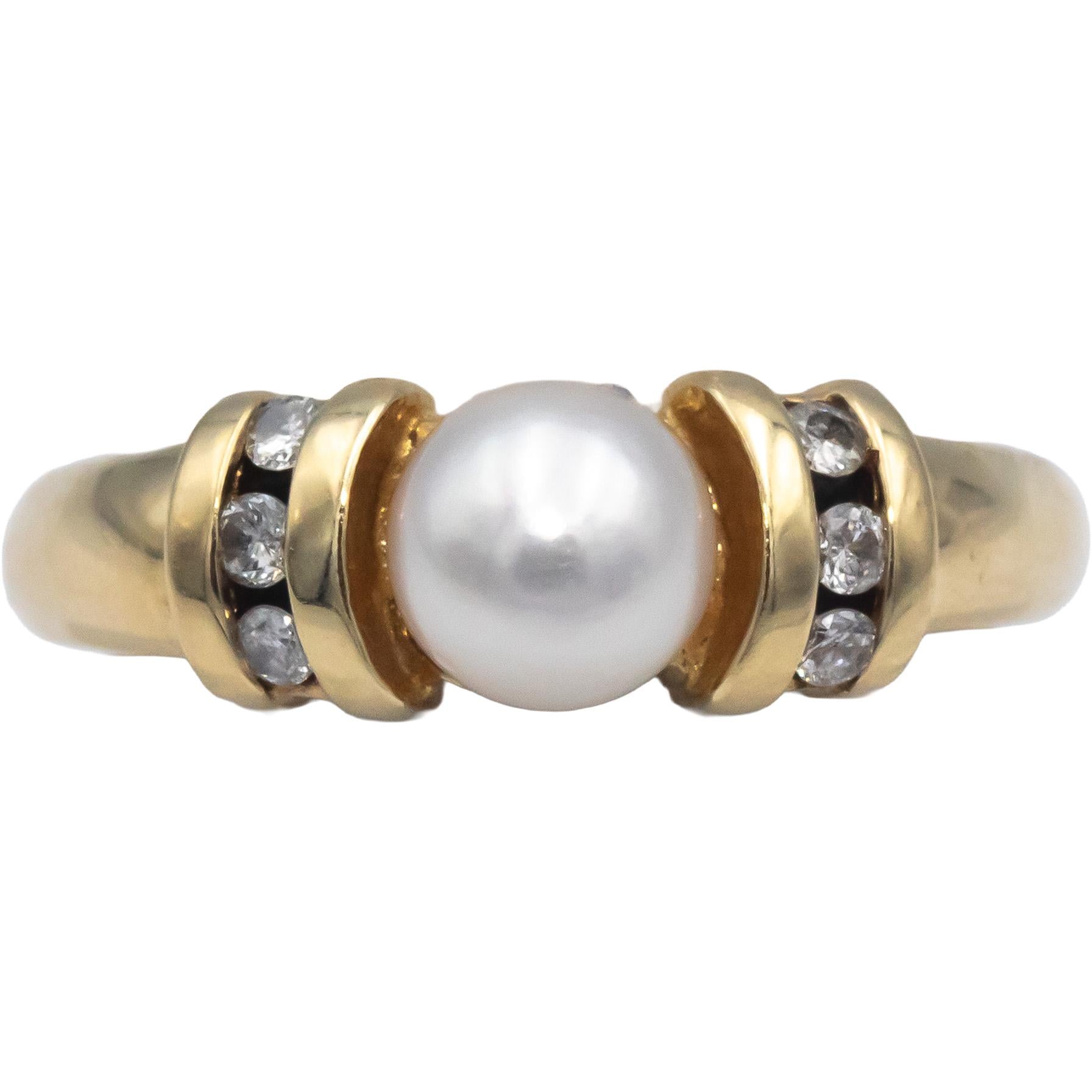 14k Yellow Gold 0.10CT Diamond & 6.4mm Pearl Cocktail Ring Size 7