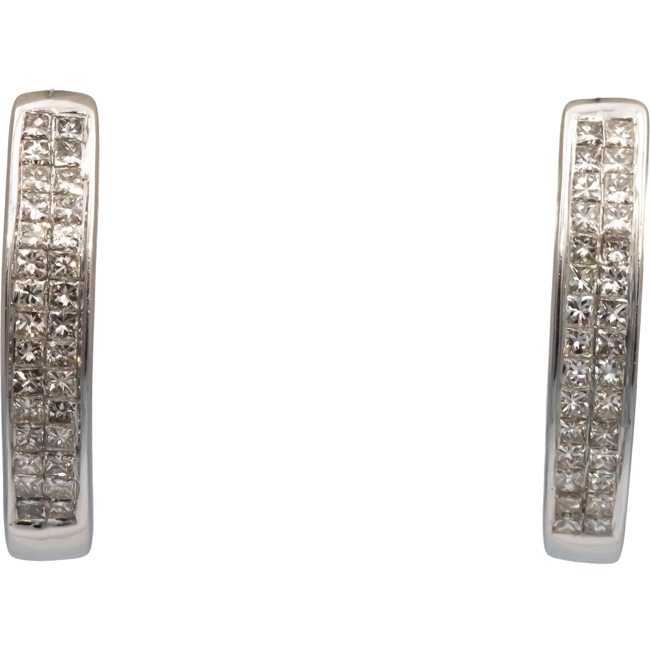 14k White Gold Princess Cut Invisible Set Oval Hoop Earrings 1.0CT