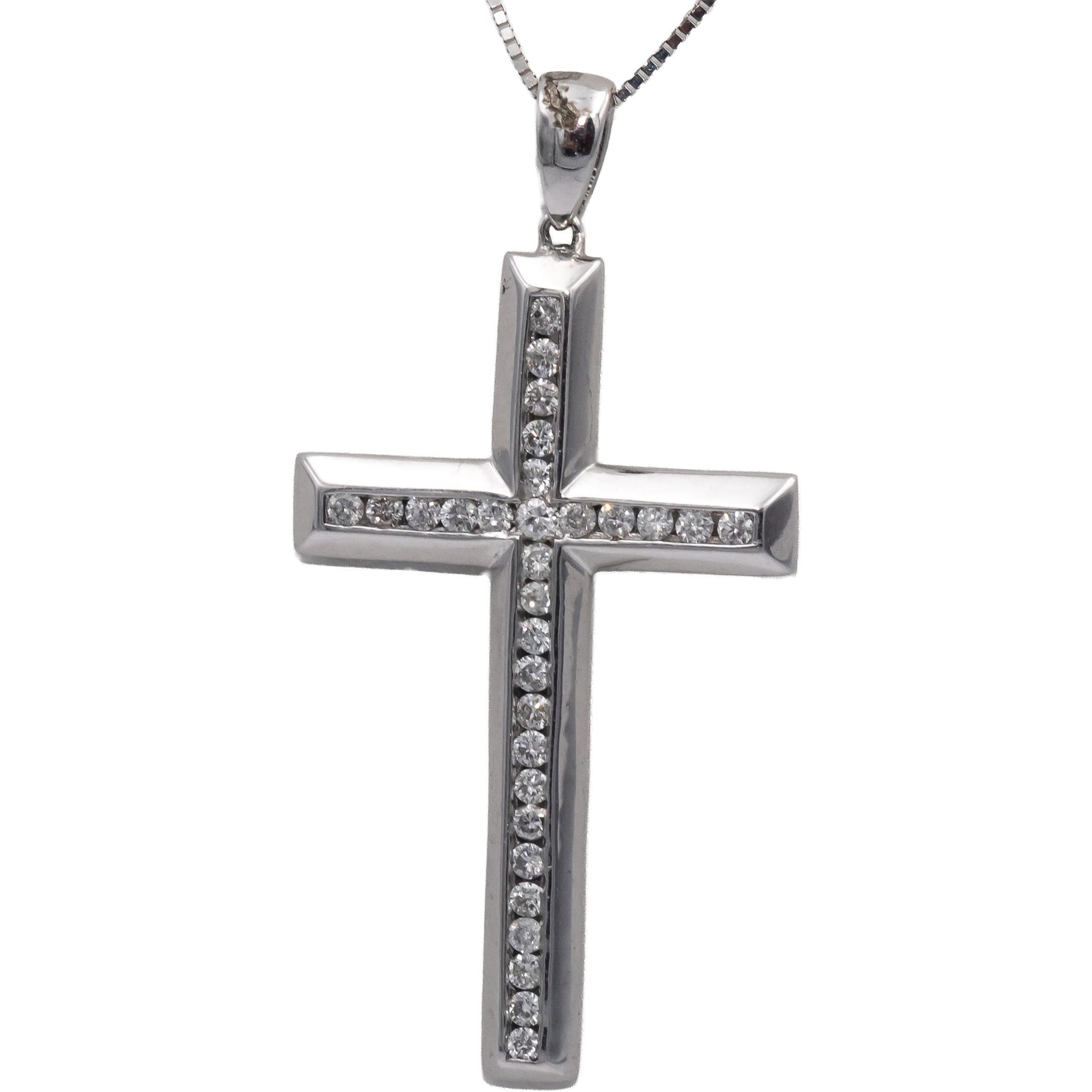 14k White Gold 0.50CT Round Channel Set Diamond Cross Crucifix Pendant Necklace