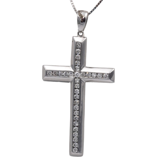 14k White Gold 0.50CT Round Channel Set Diamond Cross Crucifix Pendant Necklace