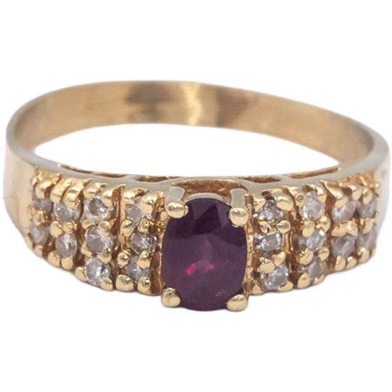 14k Yellow Gold Round Diamond and Oval Ruby Cocktail Ring 0.85CT Size 8.5