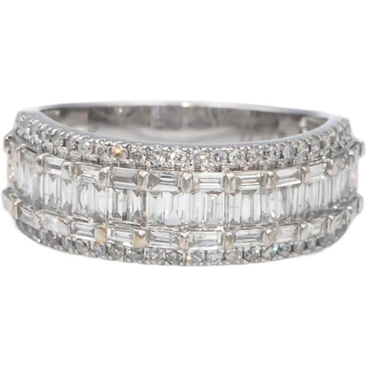 Diamond Round and Baguette Cut 10k White Gold Cluster Band Ring 1.50CT Size 10
