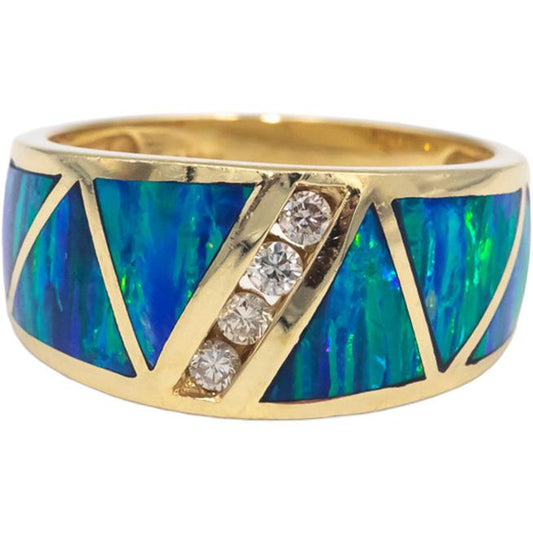 14k Yellow Gold VS Diamond & Painted Enamel Wide Band Ring 0.20CT Size 10.75