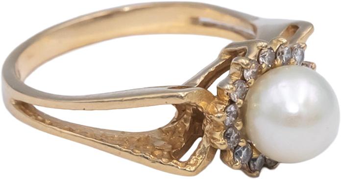 14k Yellow Gold Round Diamond & 6.5mm Pearl Cocktail Ring 0.20CT Size 5.75