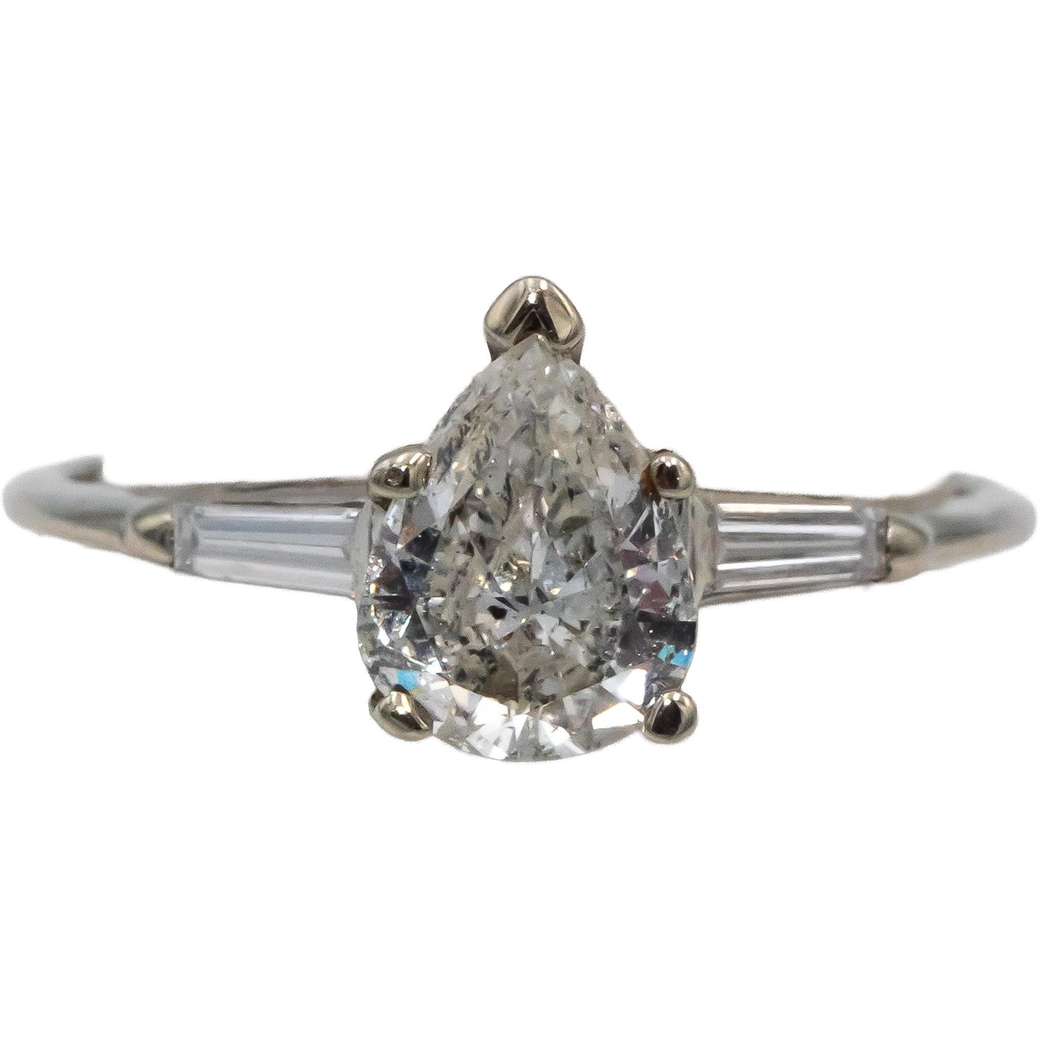 14k White Gold Pear & Baguette Cut Diamond Engagement Ring 0.89CT Size 6