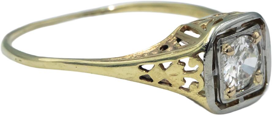 14k Yellow & White Gold Old Euro Diamond Solitaire Filigree Ring .33CT Size 8.75