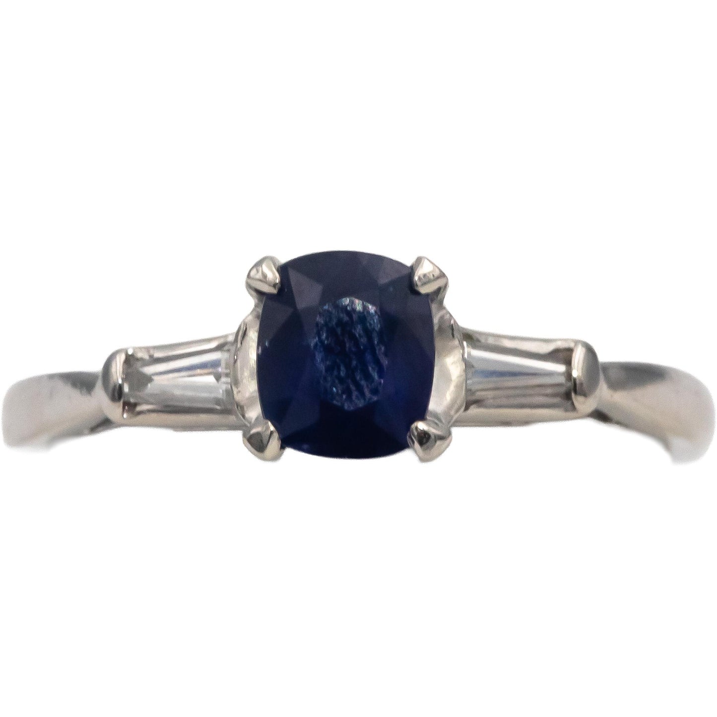 Platinum Cushion Sapphire & VS Baguette Diamond Cocktail Ring 1.11CT Size 7.5