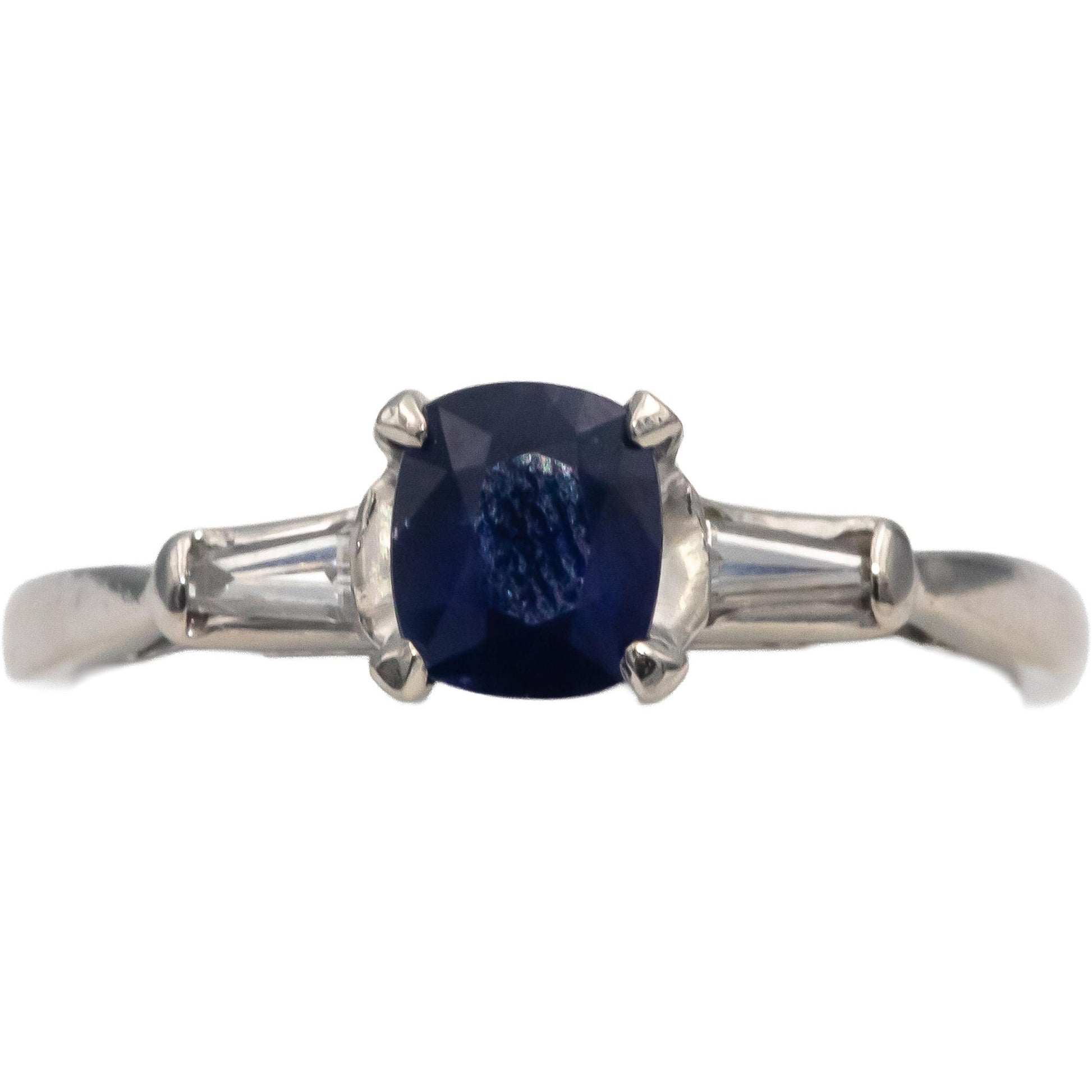 Platinum Cushion Sapphire & VS Baguette Diamond Cocktail Ring 1.11CT Size 7.5