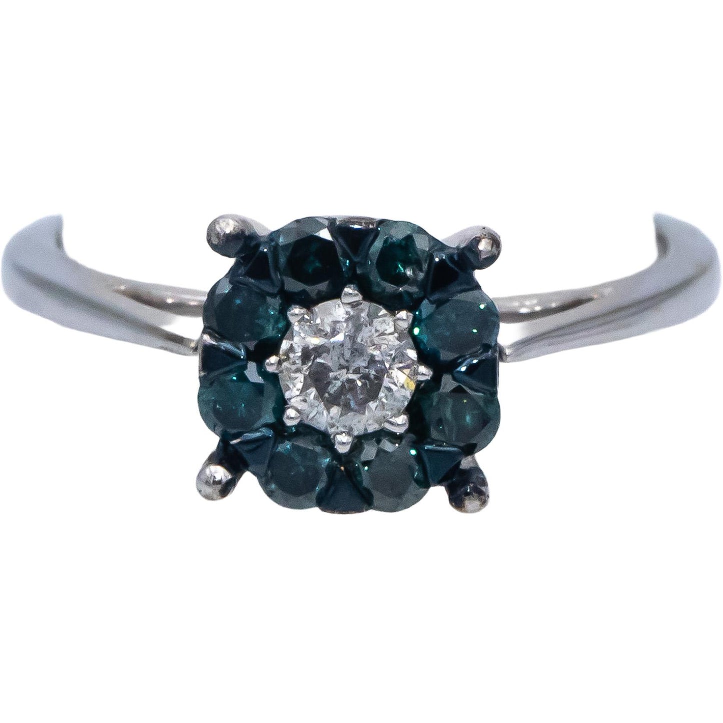 14k White Gold Round White and Blue Diamond Cluster Cocktail Ring 0.50CT Size 7