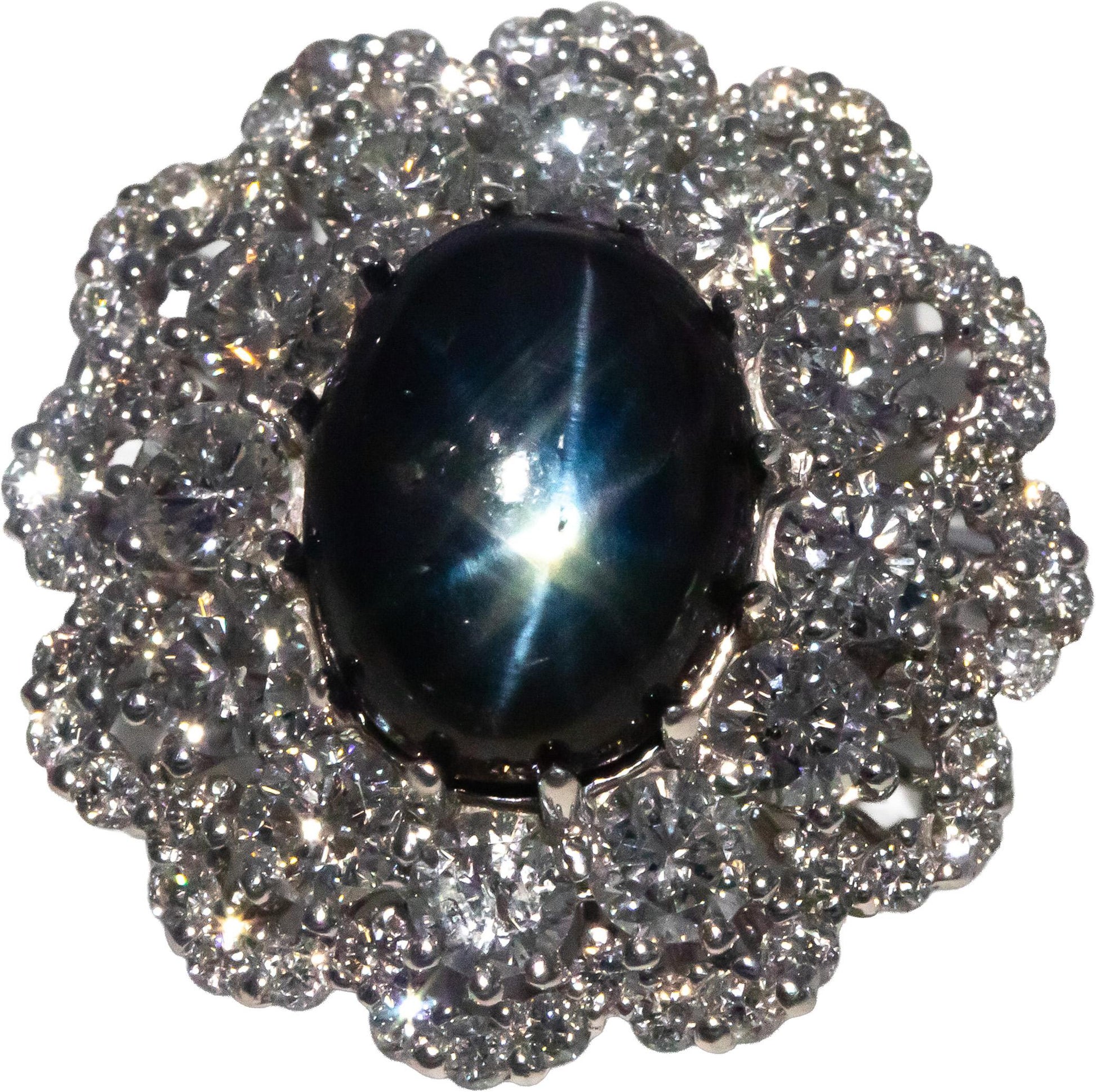 14k White Gold Cabochon Star Sapphire & Diamond Cocktail Ring 5.85CT Size 7