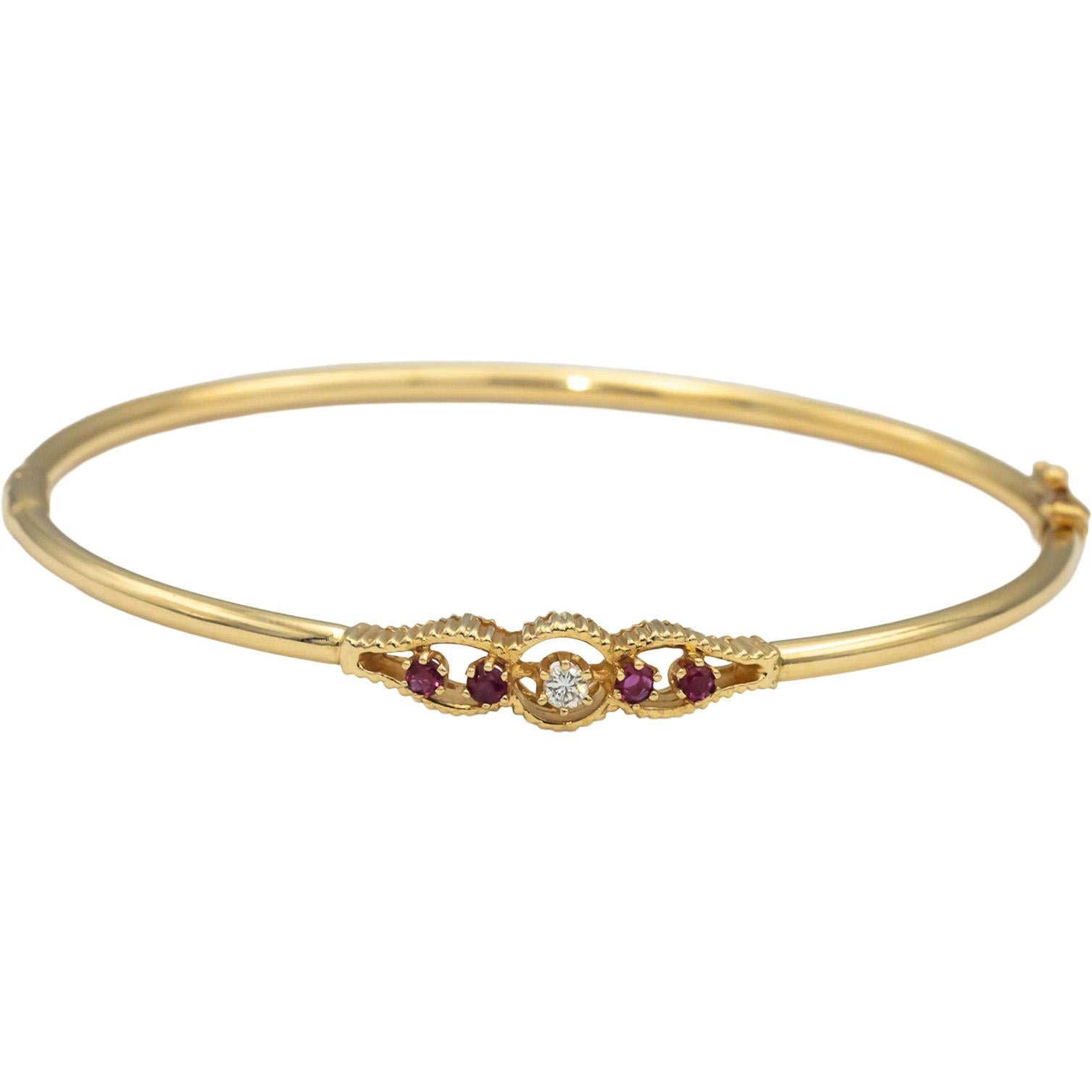 14k Yellow Gold Round Ruby and Diamond Bangle Bracelet 0.17CT