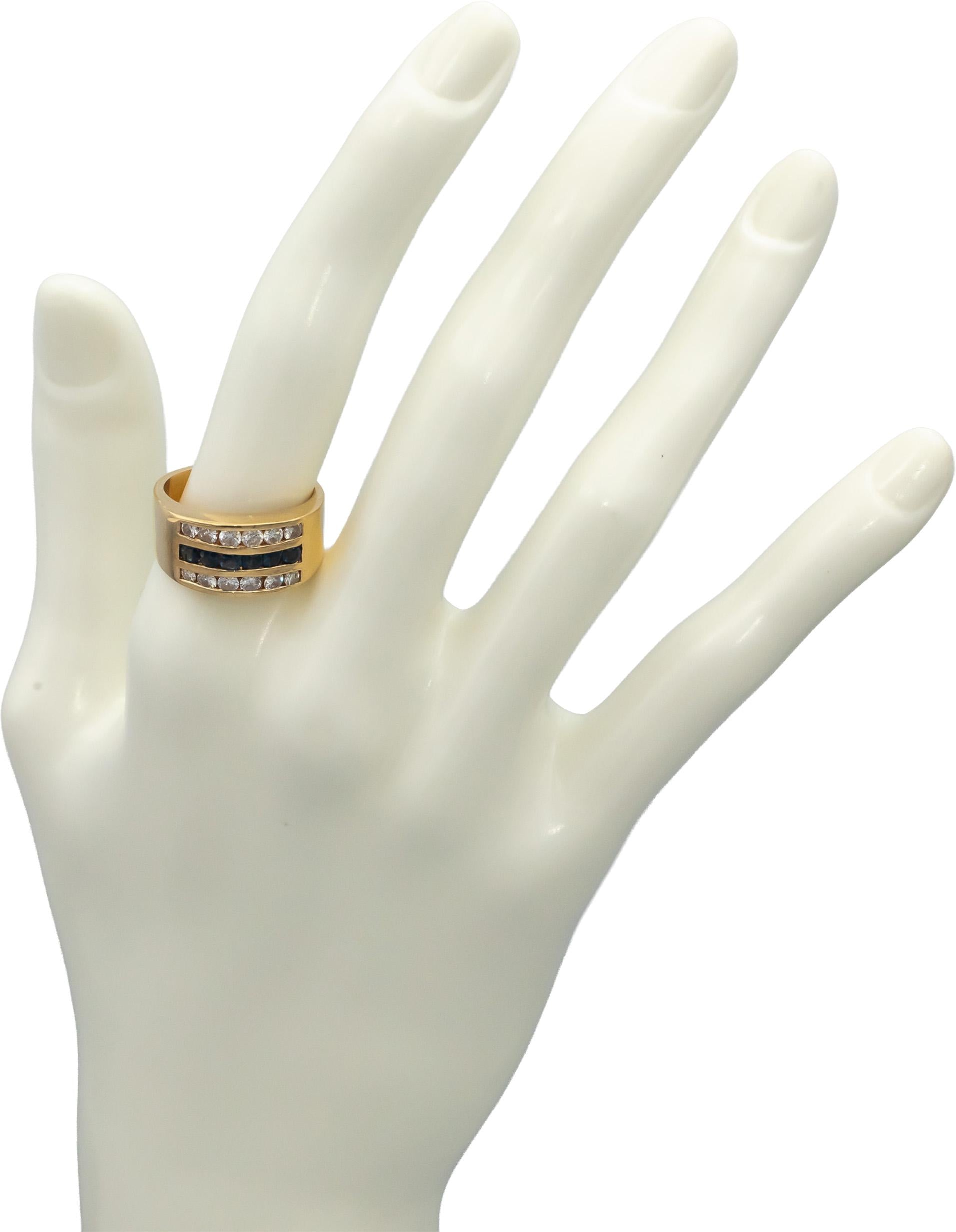 14k Yellow Gold Round Channel Set Diamond and Blue Sapphire Band Ring 0.90CT