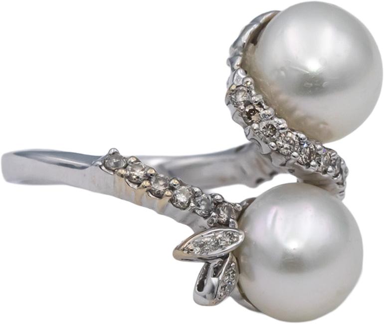 18k White Gold Round Diamond & Cultured Pearl Cocktail Ring 0.53CT Size 6