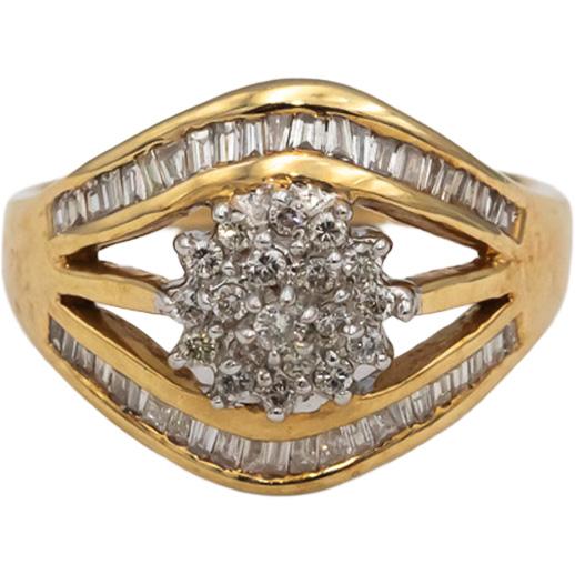 14k Yellow White Gold VS Round and Baguette Diamond Cluster Ring 0.50CT Size 7