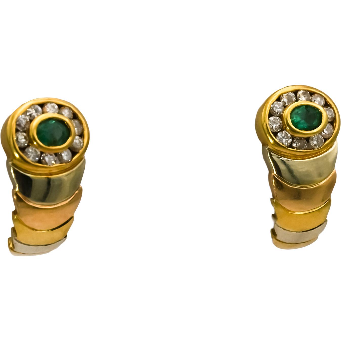 18k Yellow and White Gold Round Diamond & Oval Cut Emerald Stud Earrings 0.30CTW