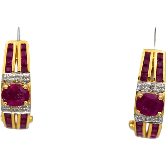 14k Yellow Gold Diamond and Ruby Curved Earrings 0.85CTW