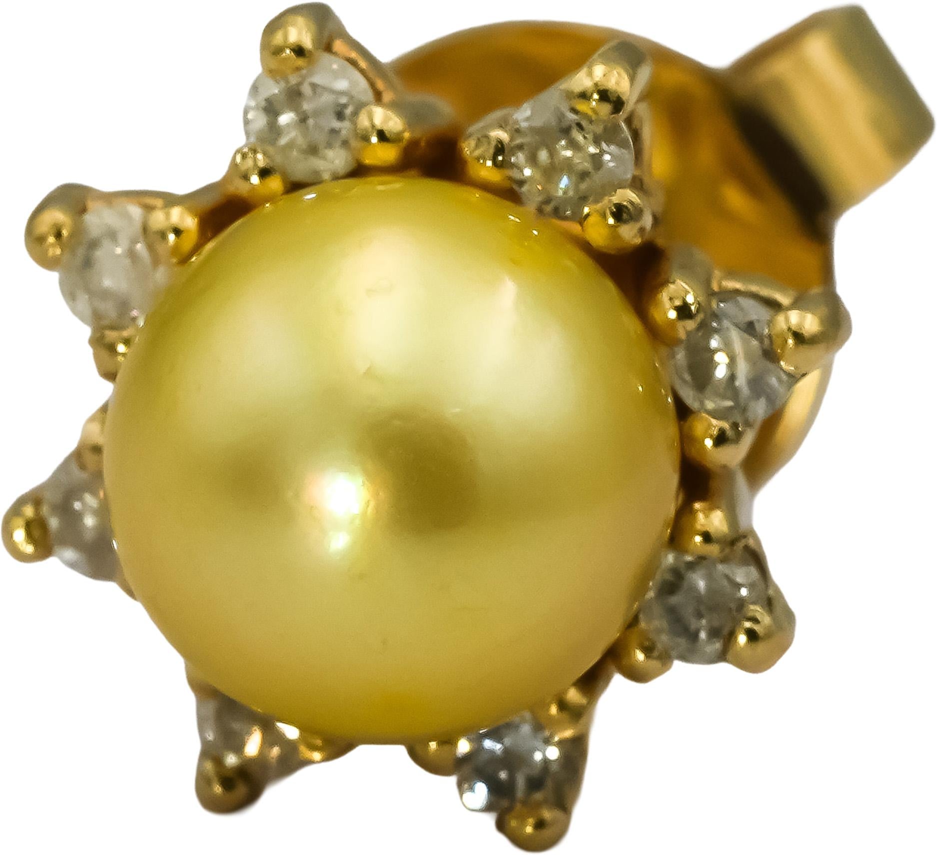 18k Yellow Gold Round Diamond & Golden Pearl Stud Earrings 0.25CT
