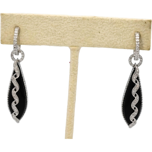 14k White Gold Diamond and Black Onyx Drop Dangle Earrings 0.20CT