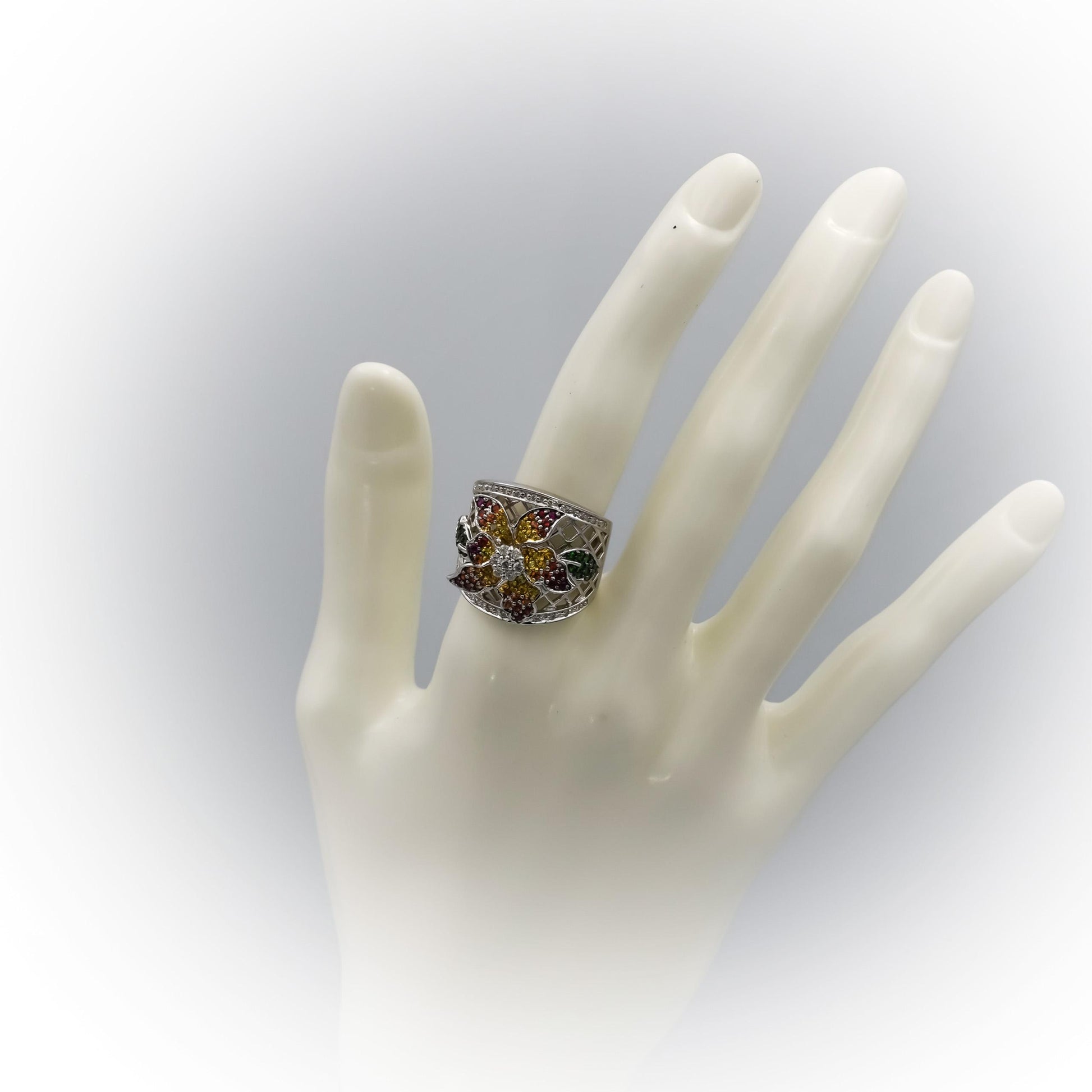 18k White Gold Diamond & Multi Color Gemstone Flower Ring 1.15CT Size 7.75