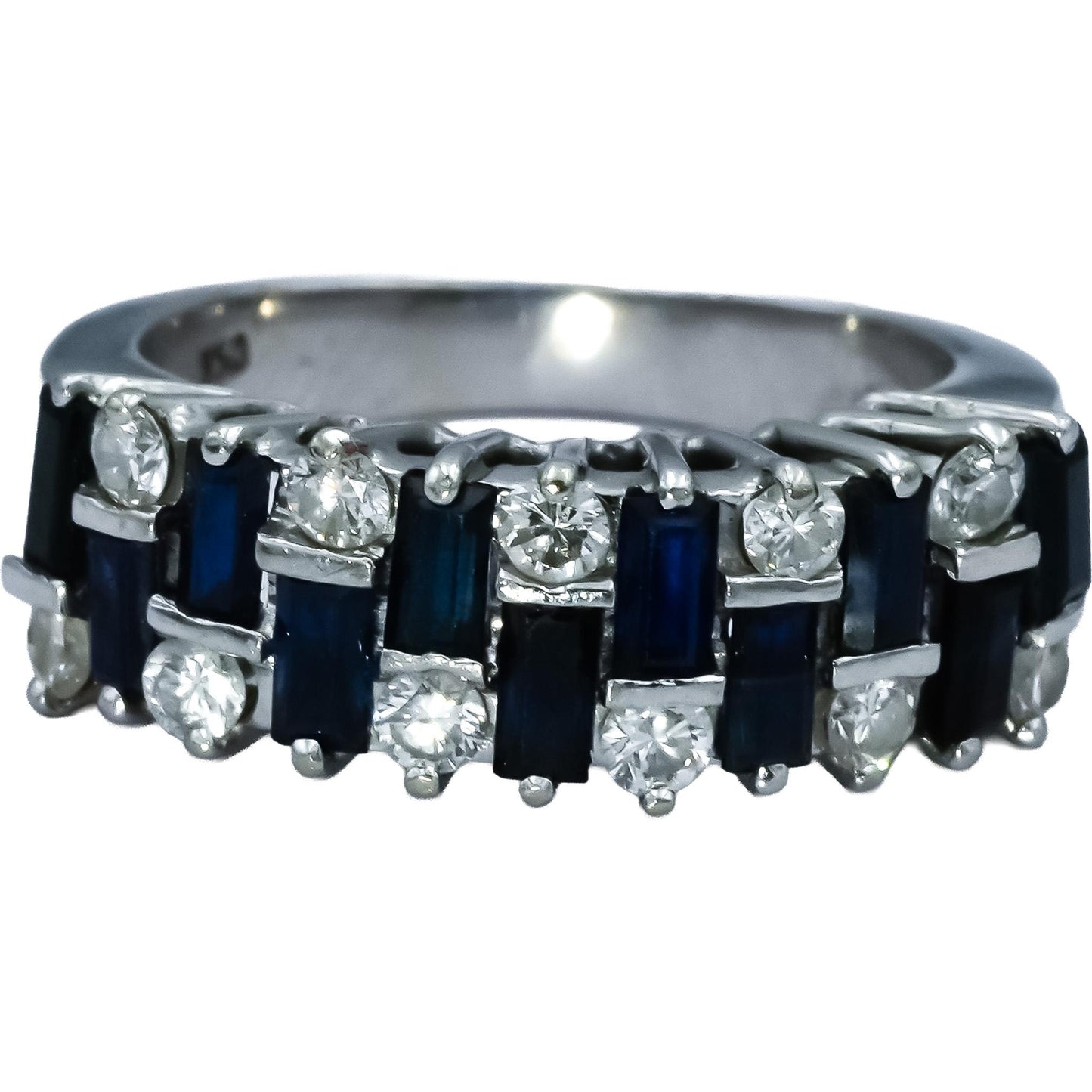 18k White Gold Round Diamond and Baguette Cut Sapphire Ring 1.50CT Size 5.5