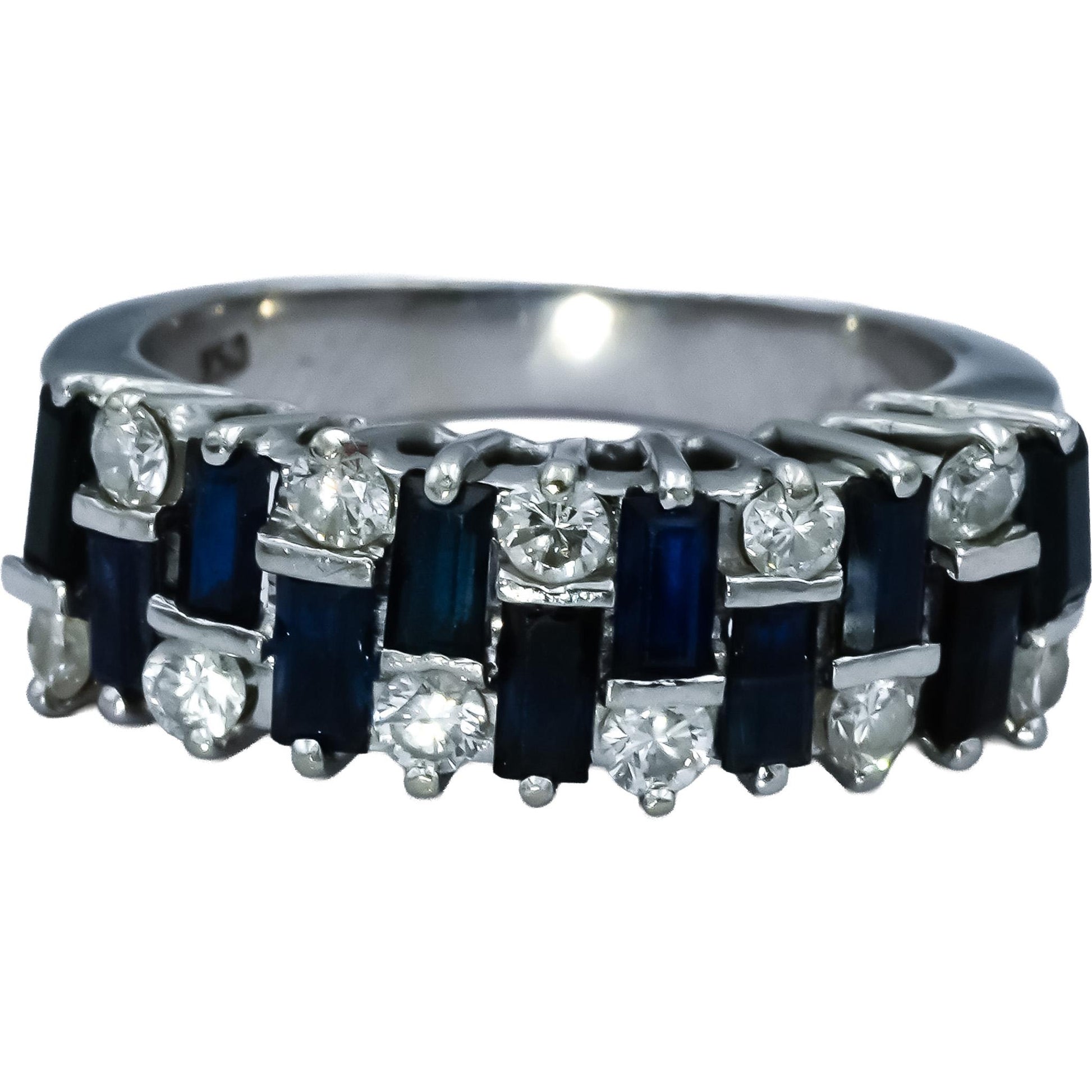18k White Gold Round Diamond and Baguette Cut Sapphire Ring 1.50CT Size 5.5