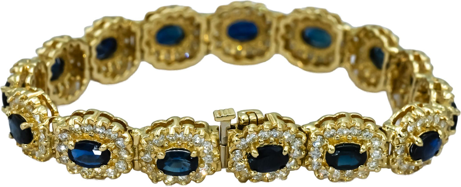14k Yellow Gold Round Diamond and Oval Sapphire Halo Link Bracelet 16.0CT