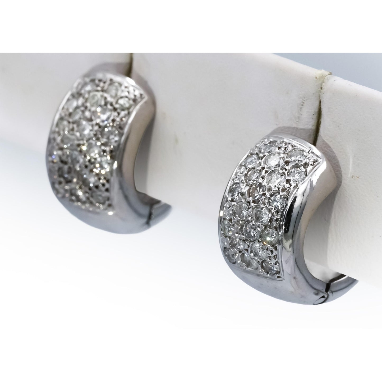14k White Gold Round Pave Diamond Huggie Hoop Earrings 1.20CT