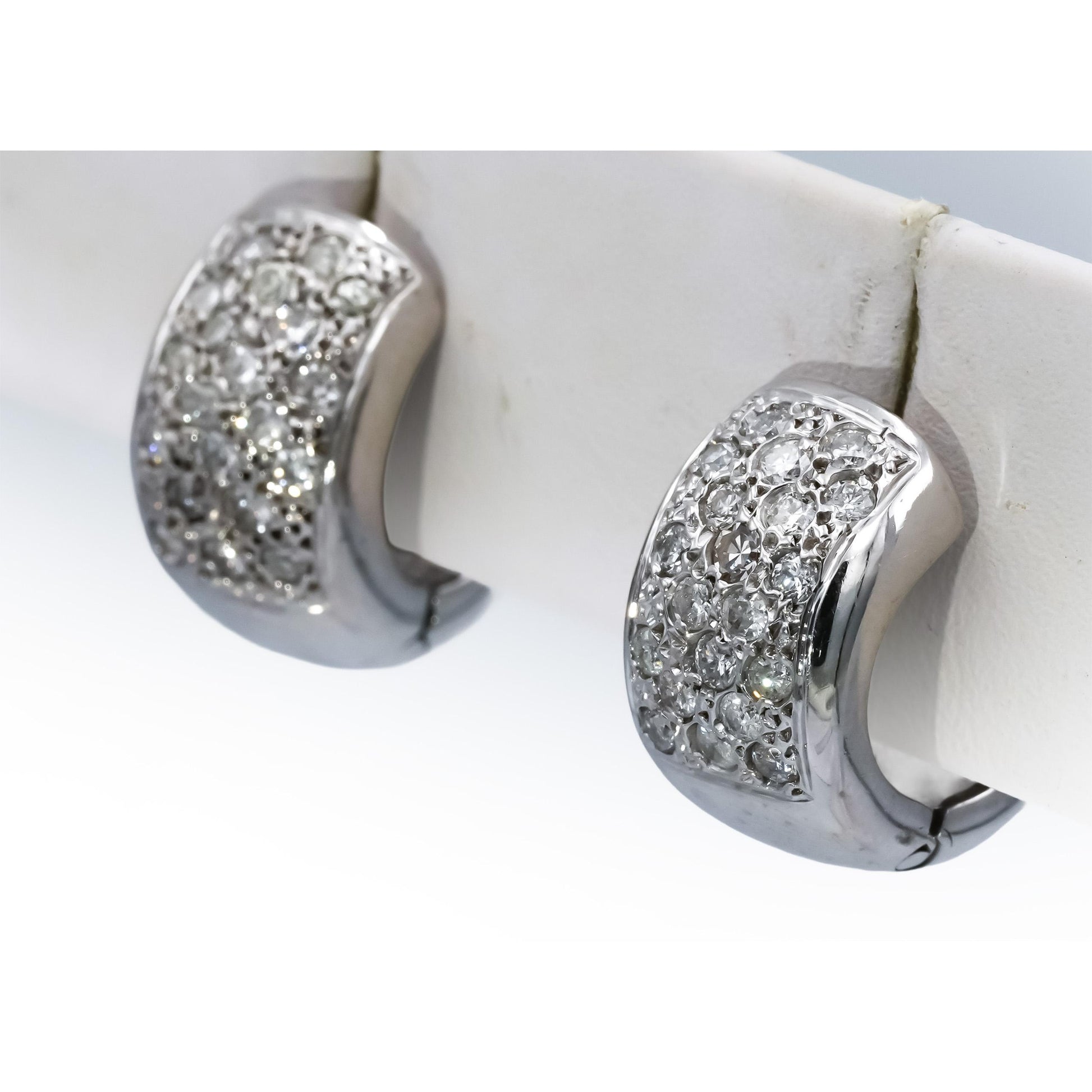 14k White Gold Round Pave Diamond Huggie Hoop Earrings 1.20CT