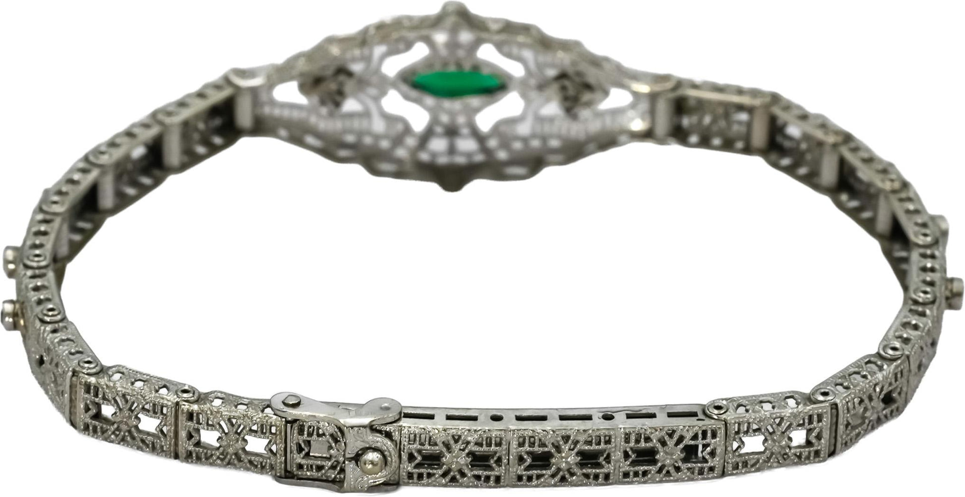 10k White Gold Diamond and Synthetic Emerald Filigree Bracelet 0.20CT