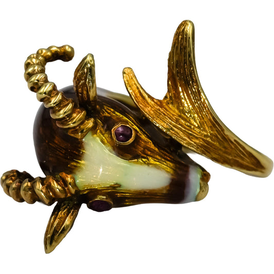 14k Yellow Gold Ruby and Enamel Rams Head Ring Size 5.25