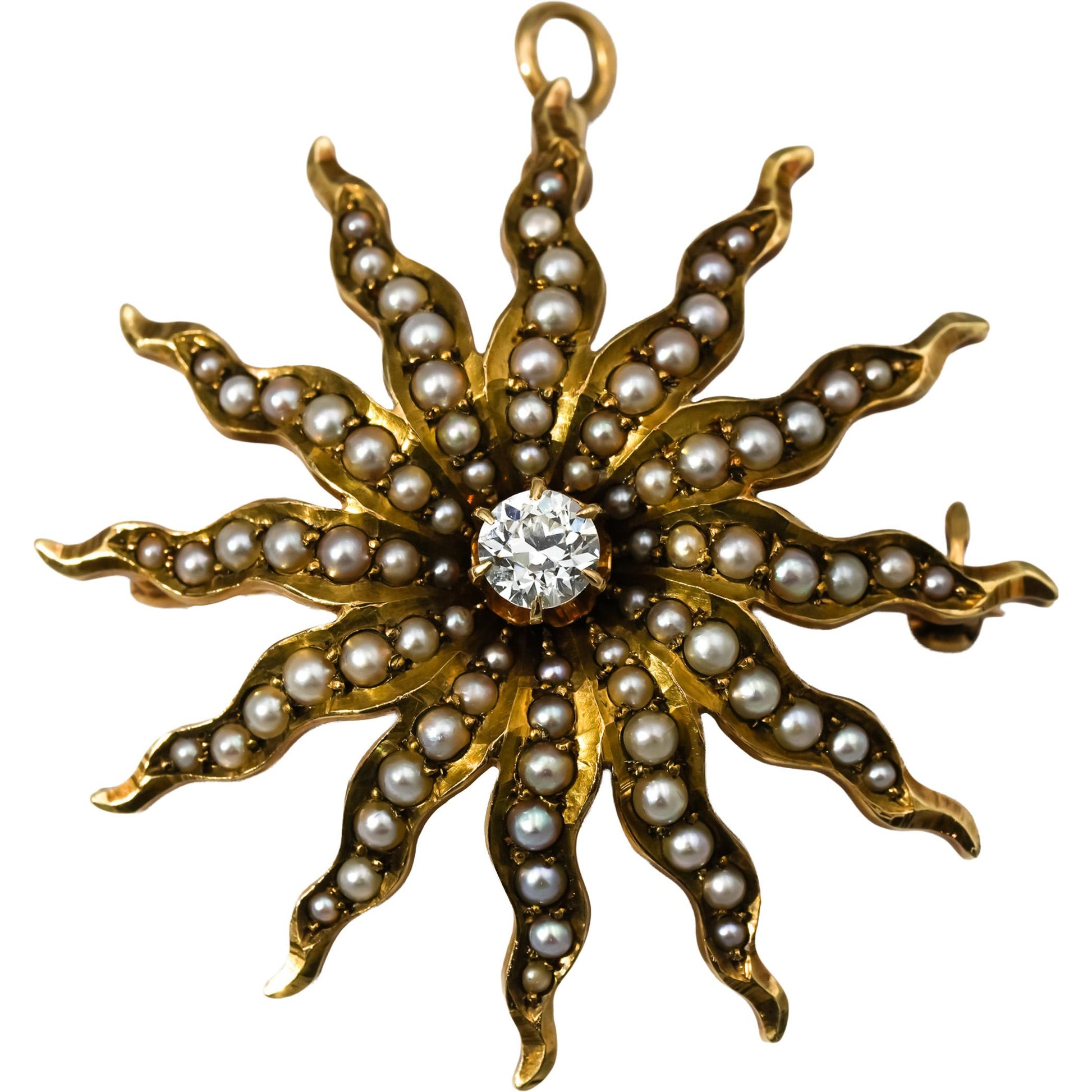 Vintage 14k Yellow Gold Old Euro Diamond Seed Pearl Sun Brooch Pendant .40CT