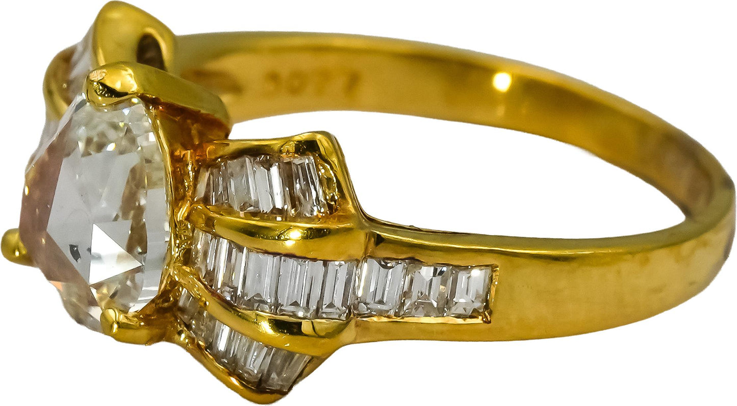 18k Yellow Gold Diamond Ribbon Ring 2.03 w/ 1.26CT Center Size 6.25