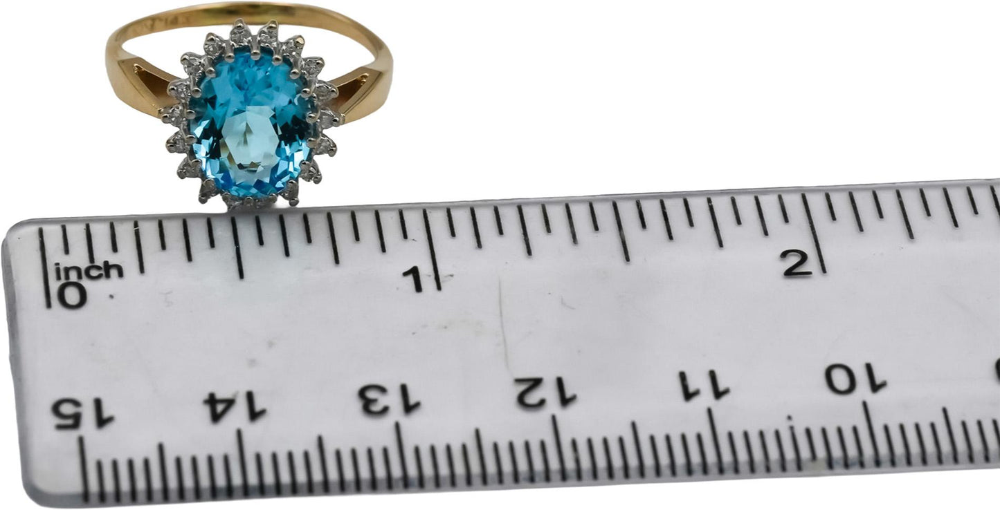 14k Yellow Gold Diamond and Blue Topaz Halo Ring 3.10CT Size 7.25