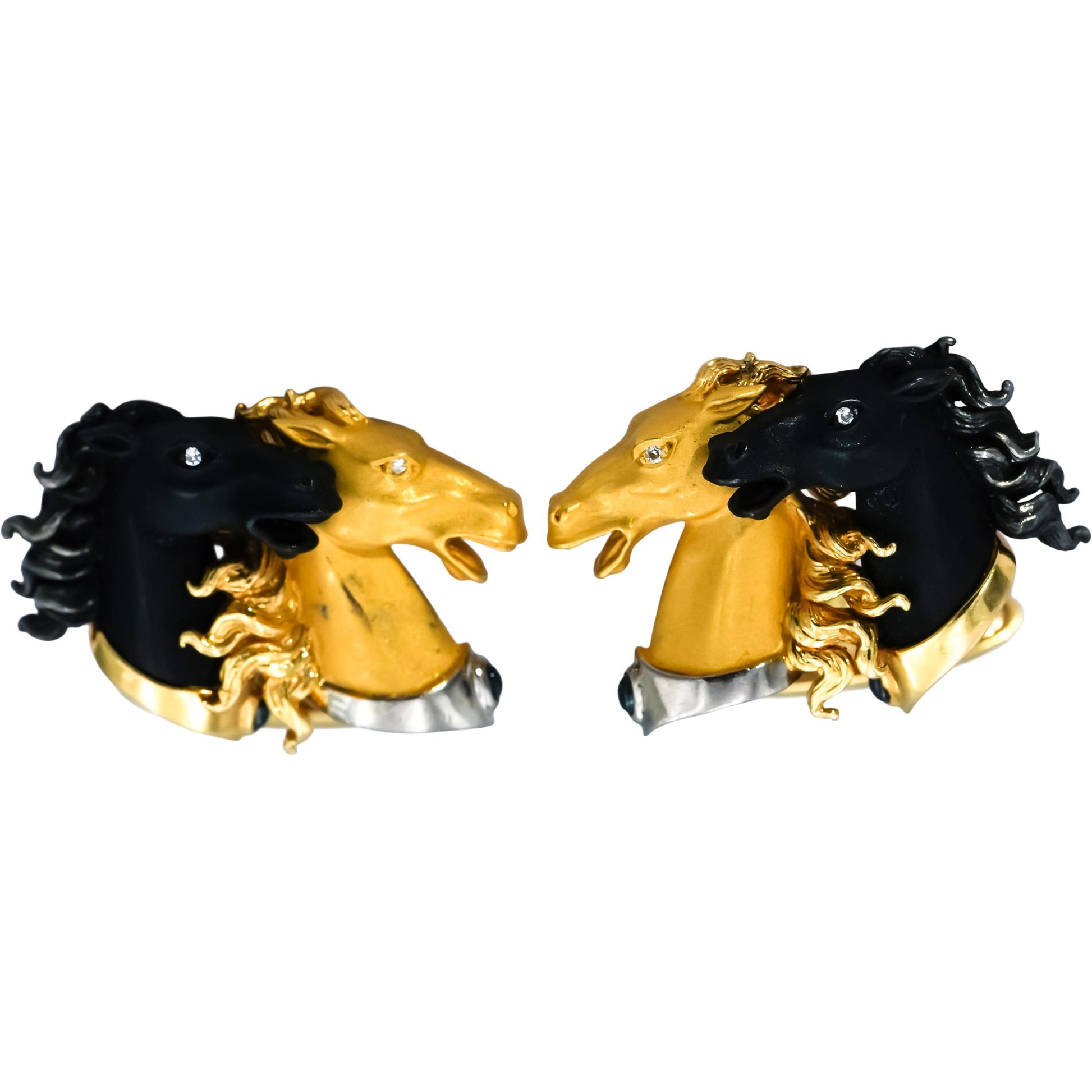 CARRERA Y CARRERA 18k Yellow White Blackened Gold Double Horse Head Cufflinks
