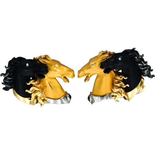 CARRERA Y CARRERA 18k Yellow White Blackened Gold Double Horse Head Cufflinks